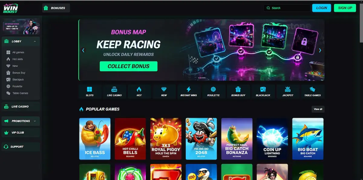 Winboost Casino Lobby mit Hot Slots, Live Casino, Bonus Buy und Turnierkarte im Überblick