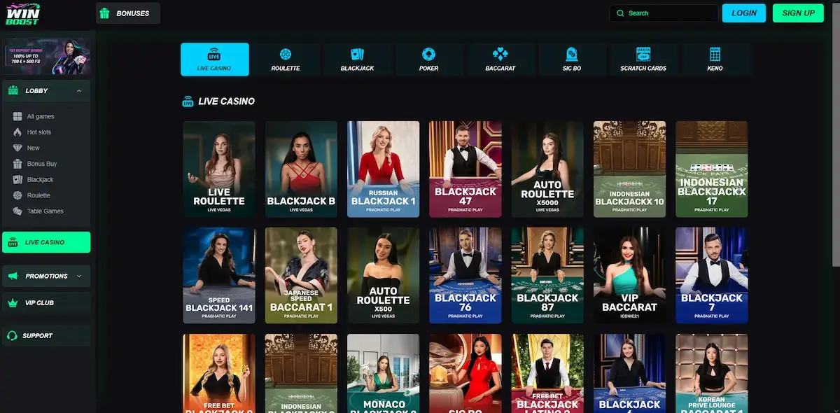 Winboost Live Casino mit Live Roulette, Speed Blackjack und Baccarat von Pragmatic Play und Live Vegas